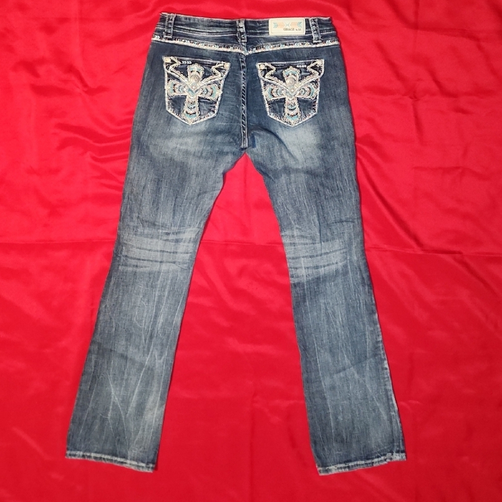 Grace in LA 30x32 Boot Cut Cross Embroidered Women's Jeans New Without Tags